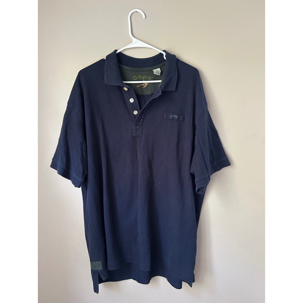 Orvis Mens XL Navy‎ Blue Short Sleeve Polo Shirt Fishing Logo Patch Cotton